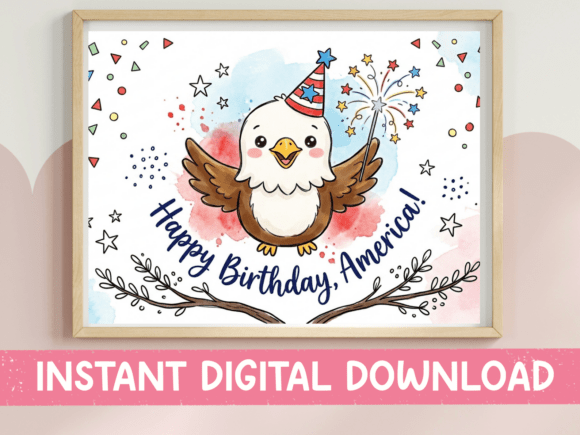 Celebrate with a Kawaii Twist: Happy Birthday America Eagle Wall Art