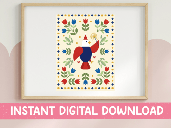 Folk Art Eagle Square Vertical Print: A Vintage Design Asset